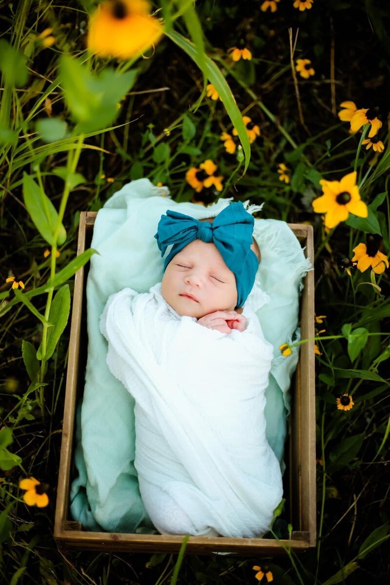 A newborn girl with a teal bow sleeping in a crate among wildflowers